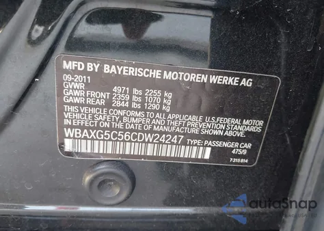 2012 BMW 528I from USA, damaged, VIN WBAXG5C56CDW24247